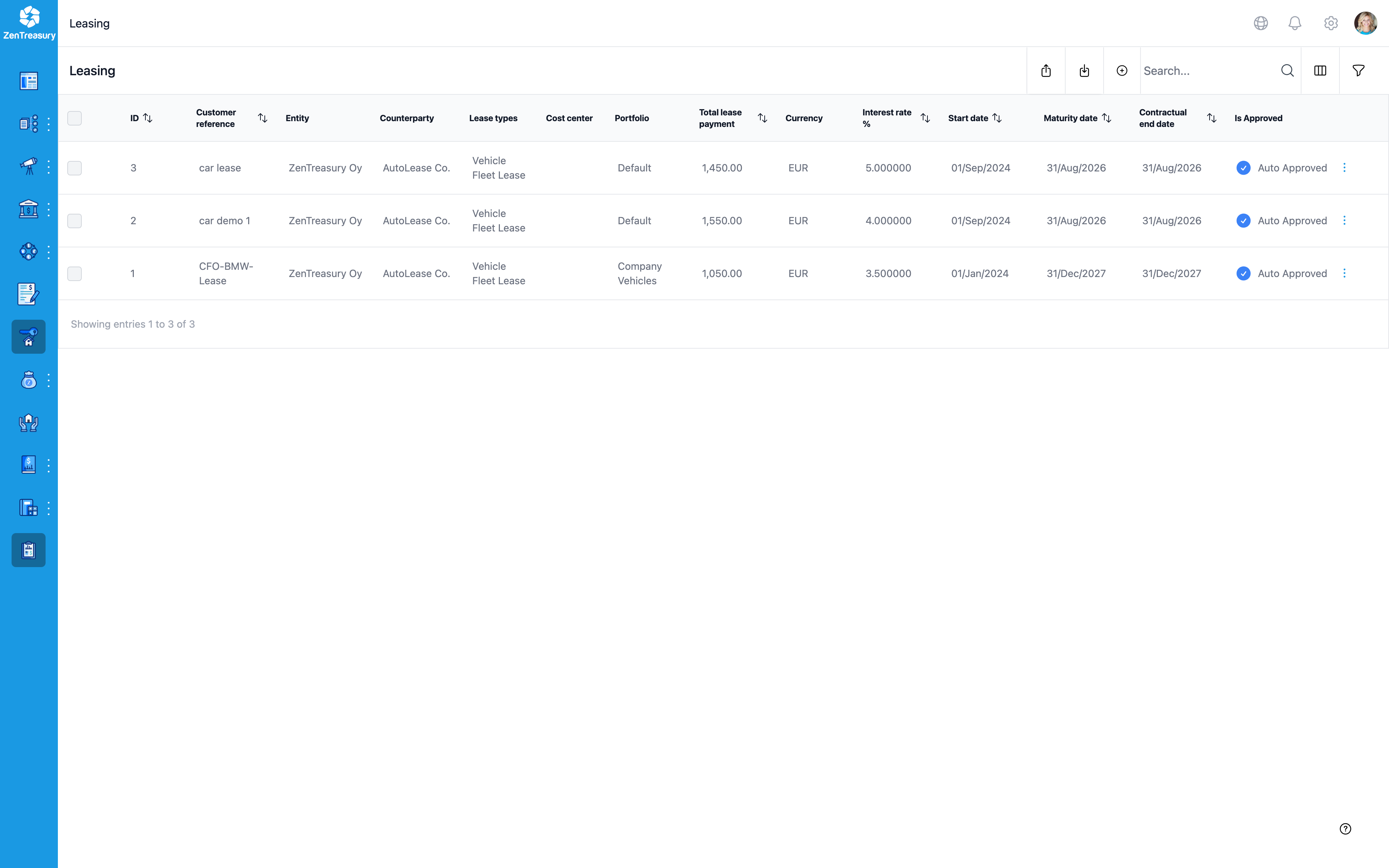 screenshot of ZenTreasury Lease accounting